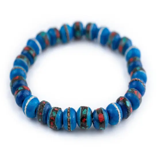 The Bead Chest Mala Stretch Bracelet, Azul Blue - Stackable Nepal Bone Inlaid with Turquoise & Coral Colors, 100% Authentic and Genuine {1}