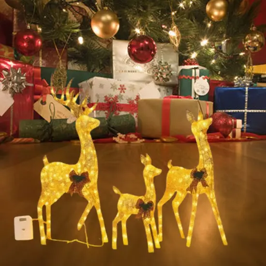 Three Deer Figures, Champagne Cotton Thread, Holiday Decoration 52" + 46" + 29" {1}