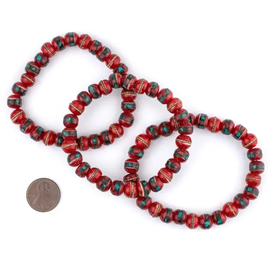 The Bead Chest Mala Stretch Bracelet, Red - Stackable Nepal Bone Inlaid with Turquoise & Coral Colors, 100% Authentic and Genuine {2}