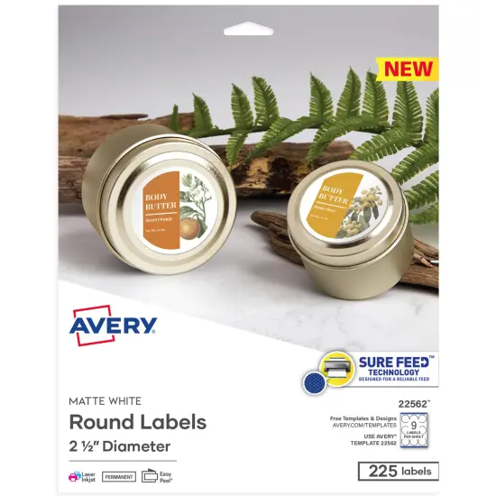 Avery Printable Round Labels, 2.5" Diameter, Matte White, 225 Customizable Labels (22562) {1}