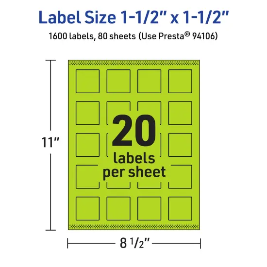 Avery Bright Green Paper Labels, 1.5" x 1.5" Square {5}