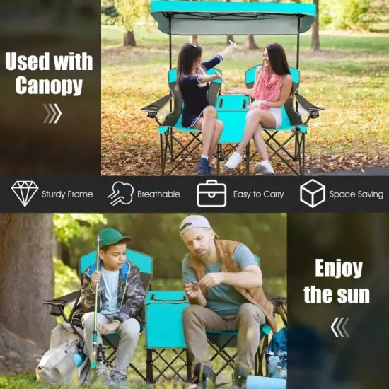 Steel Folding 2-Seater Camping Chair with Canopy and Cooler Turquoise Blue {3}