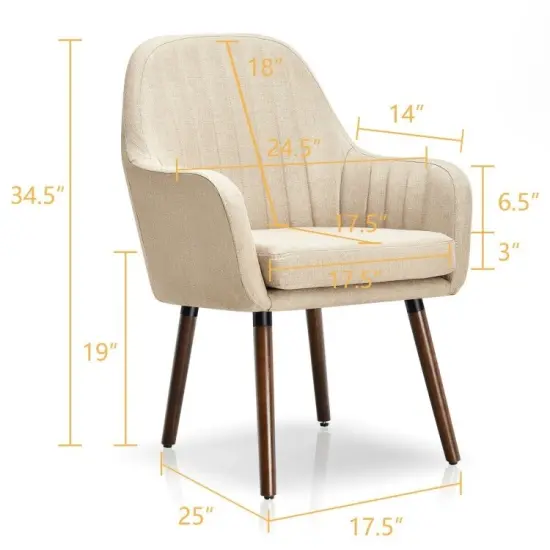Set of 2 Retro Linen Accent Chairs with Rubber Wood Frame and Ergonomic Curved Backrest Off-White {2}