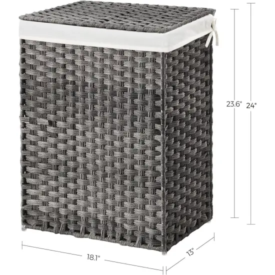 Grey Rattan Plastic Laundry Hamper with Lid, Cotton Liner and Iron Frame {3}