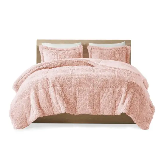 Pink Blush Shaggy Faux Fur Comforter Set Soft Plush Reversible Bedding with Down Alternative Fill {1}