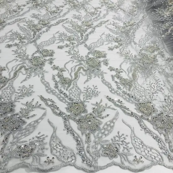 1 Yard Beaded Lace Fabric Embroidered on 100% Polyester Net Mesh 50" Width Silver {1}