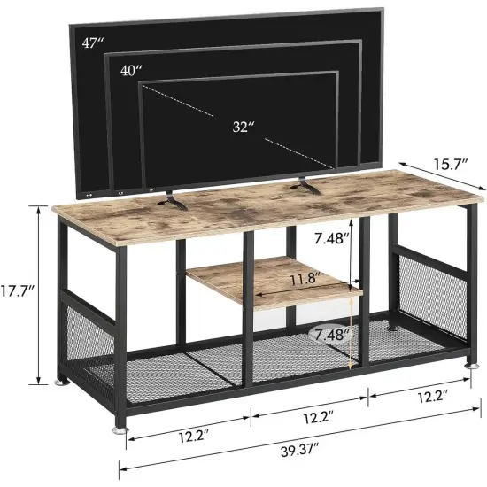 Engineered Wood TV Stand with Black Metal Frame, Mesh Shelves and Adjustable Feet Grey {2}