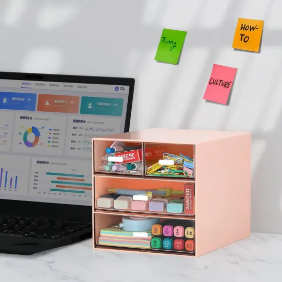 Desk Organizer with 4 Drawers, Clear Plastic Desk Storage Box, Desktop Organization for Office Supplies, Gel Pens, Pencils, Markers, Tape, Erasers, Paperclips, Chargers (Pink w 4Draws) {4}