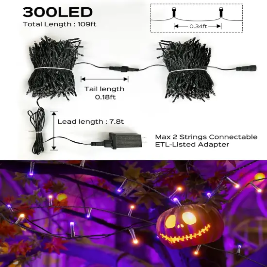 300LED Purple & Orange Halloween String Lights - 109FT, 8 Modes {2}