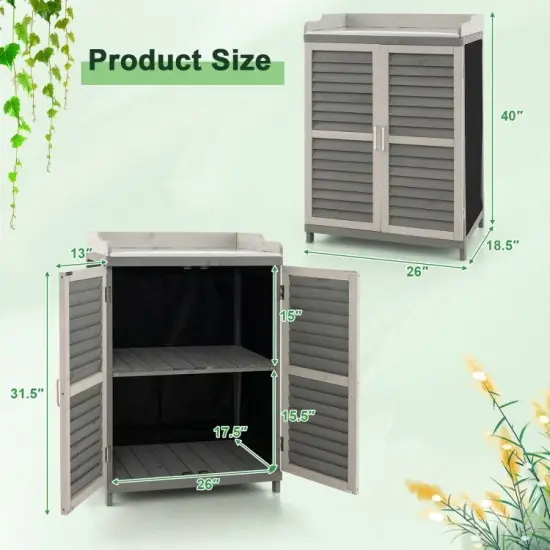 Grey Solid Wood Patio Storage Cabinet with Metal Workstation and Rolling Doors {2}