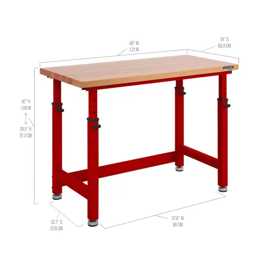 Seville Classics UltraHD Height Adjustable Workbench, 48" W x 24" D x 28.5" to 42" H Red {4}