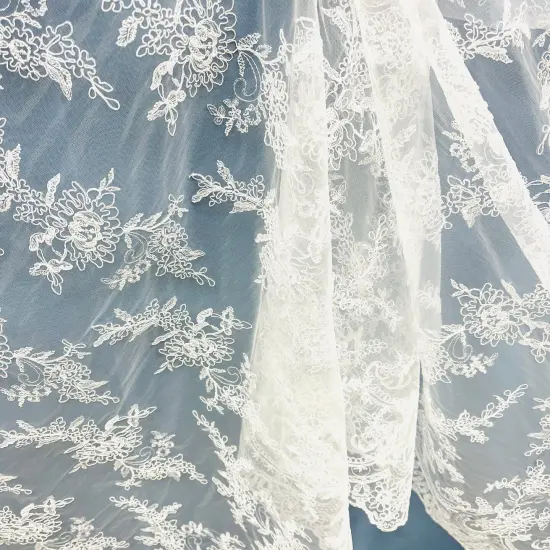 1 Yard Elegant Corded Bridal Lace Fabric Embroidered on 100% Polyester Net Mesh 51 inch Width Ivory {4}