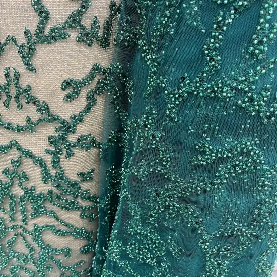 1 Yard Rose Gold Beaded Lace Fabric, Embroidered Polyester Mesh, 52" Wide Hunter Green Color {4}