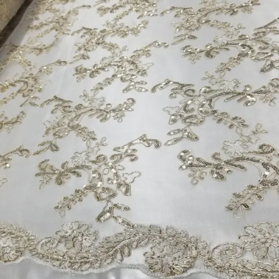 1 Yard Champagne Metallic Flowers Sequins Mesh Lace Fabric for Tablecloths and Costumes {4}