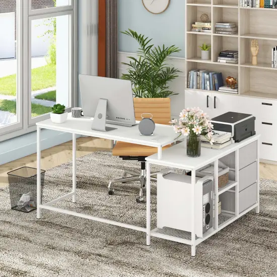 Costway L-shaped Computer Desk with Power Outlet, Drawers, Metal Mesh Shelves Rustic Brown/Black/White {4}