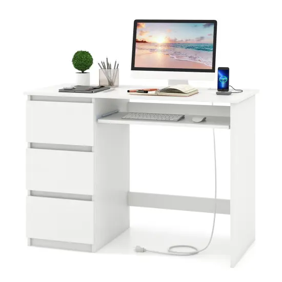 Costway Computer Desk with Power Outlet Keyboard Tray & 3 Large Drawers Type-C & USB Ports White/Natural {1}