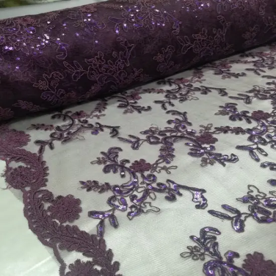 1 Yard Purple Metallic Flowers Sequins Mesh Lace Fabric for Tablecloths and Costumes {3}