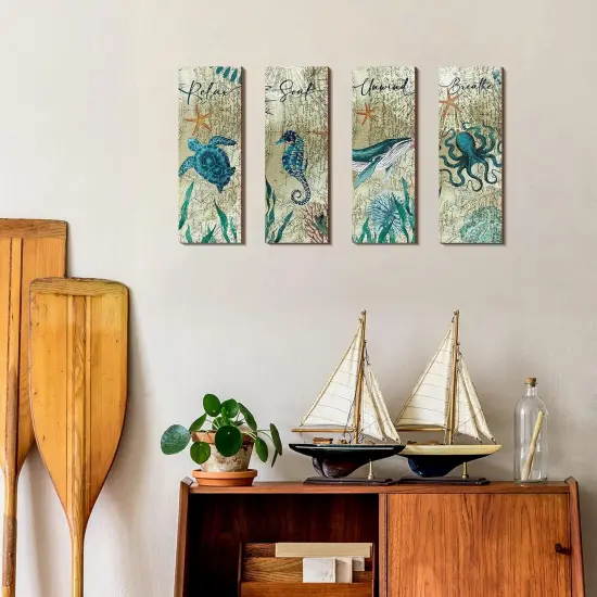 4 Pieces Summer Beach Bathroom Decor Wall Sign Ocean Decor Sea Turtle Wall Art {4}