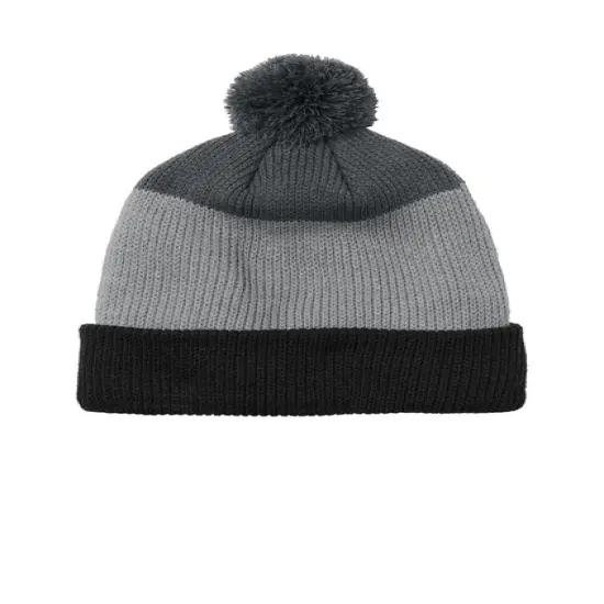 Port Authority&reg; Cozy Striped Pom Beanie Soft Acrylic Adjustable Cuff Warm Knit Hat Gusty Grey {3}