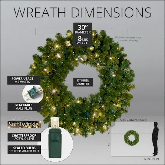 30" Pre-lit Commercial Sequoia Fir LED Christmas Wreath, 100 Warm White SoftTwinkle Lights {4}