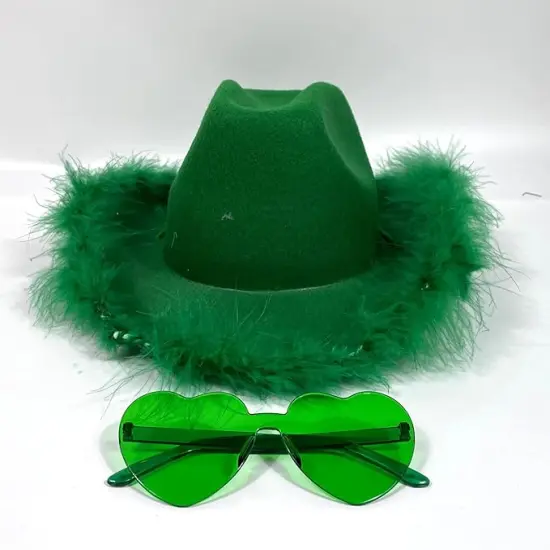 4E&rsquo;s Novelty Green Cowboy Hat with Feathers & Heart-Shaped Sunglasses - Perfect Cowboy Outfit Accessory, Cowboy Hat for Party Costume Dress Up {4}