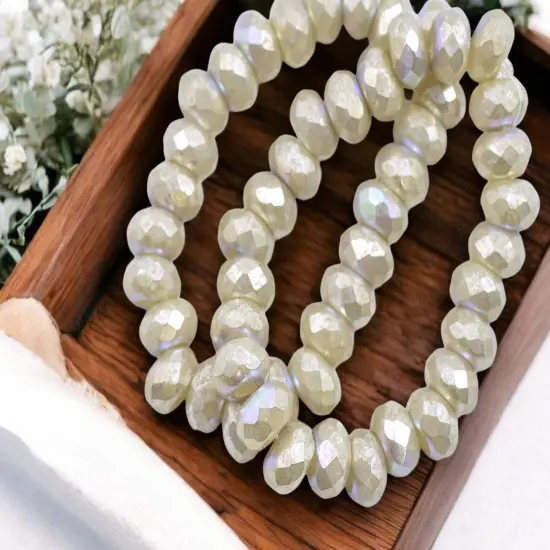 *25* 6x9mm Mercury AB Washed IvoryFaceted Large Hole Rondelle Roller Beads {3}
