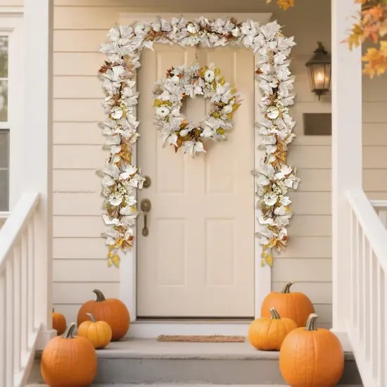 6Ft Fall Garland with Lights, Fake Pumpkin Berry Autumn Maple Leaves Garland - 1 Pcs White {5}