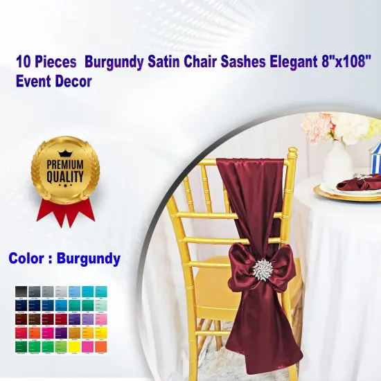10 Pieces Burgundy Satin Chair Sashes Elegant 8"x108" Event Decor {1}
