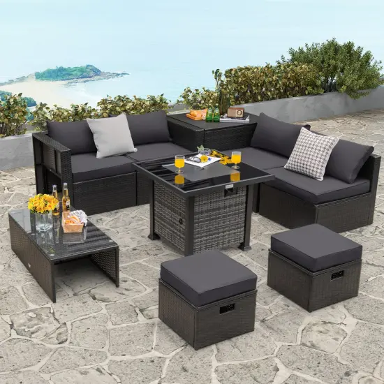 Outdoor 9 Pieces Patio Furniture Set with 50 000 BTU Propane Fire Pit Table Grey {5}