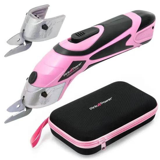 Pink Power Electric Fabric Scissors Box Cutter for Crafts, Sewing, Cardboard, Carpet, & Scrapbooking - Heavy Duty Professional Cutting Tool - Pink Cordless Electric Scissors Fabric Cutter w/ Storage Case {1}