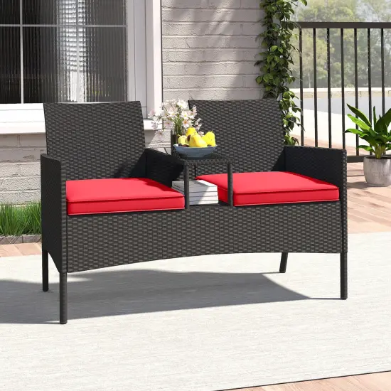 Black PE Rattan Loveseat with Cushions, Built-In Coffee Table and 2-Tier Storage Red {5}