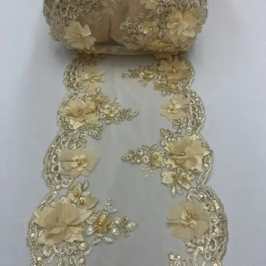 3 Yard Sequin 3D Lace Fabric 22.86 cm Wide Mesh with Pearls, Beads & Embroidery 100% Polyester Champagne {7}