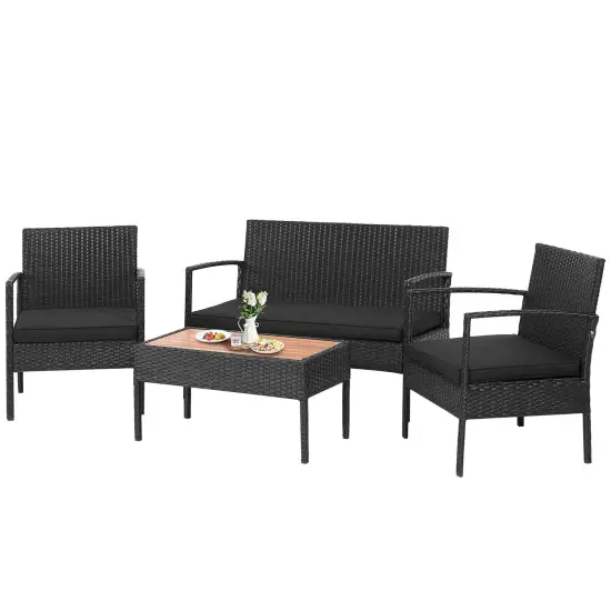 Costway 4PCS Patio Rattan Furniture Set Cushioned Chair Wooden Tabletop Black {1}
