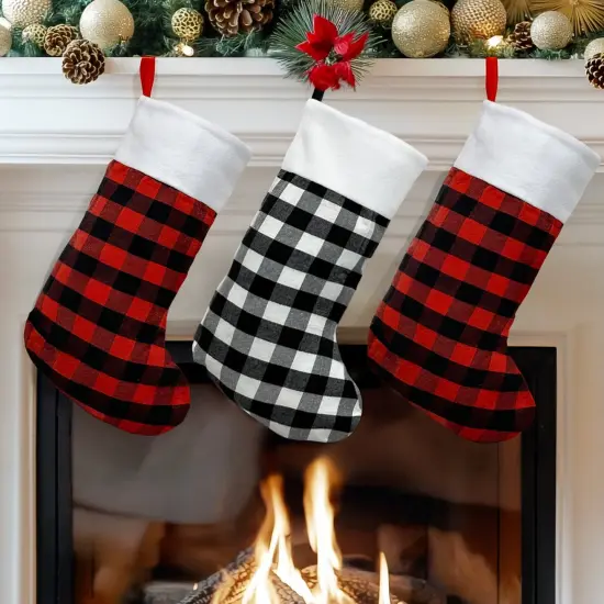 Wrapables Christmas Buffalo Plaid Stockings With Plush White Cuff, Hanging Fireplace Holiday Decoration (Set of 3), Red {6}