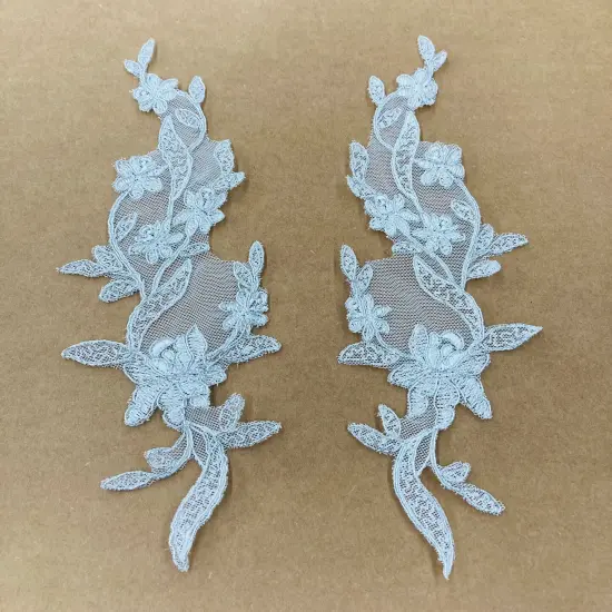 1 Pair Corded Floral Applique for Bridal, Christening & Flower Girl Dresses 11" x 3" Each Side Ivory {2}