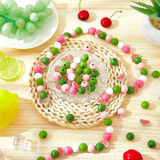 100 Pcs Watermelon Wooden Beads 16 mm Summer Multi Colored Wooden Beads Bulk Colorful Summer Wood Beads for Crafts Round Loose Spacer Beads for DIY {4}