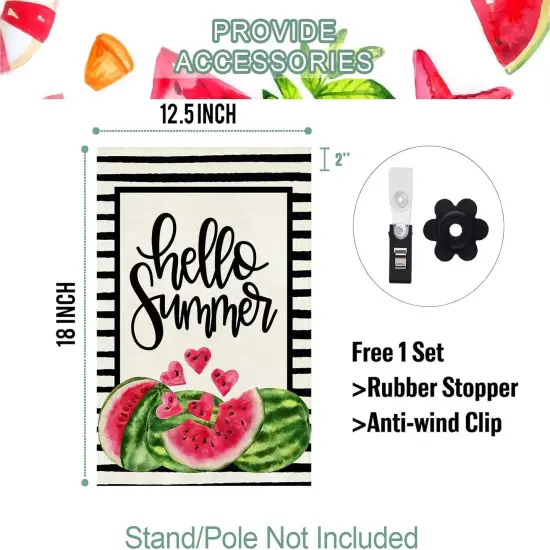 Hello Summer Watermelon Garden Flag Double Sided Black Stripes Watermelon Fruit Cool Summer Yard Flag Seasonal Holiday Outdoor Outside Decoration 12.5x18 Inch {4}