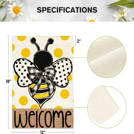 Summer Polka Dot Bee Welcome Garden Flag 12x18 Inch Double Sided Outside, Seasonal Holiday Burlap Yard Outdoor Decoration {5}