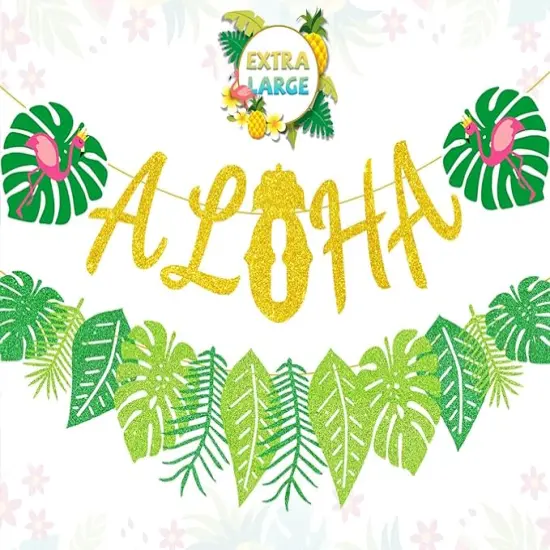 Upgraded, Aloha Banner Decorations, Luau Banner with Glittery Palm Leaves, for Summer Tropical Hawaiian Themed Party Decorations Supplies {1}