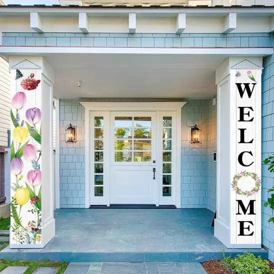 Welcome Banner 2 Pack Spring Door Sign Hanging Banners Welcome Tulip Happy Spring Porch Sign Seasonal Spring Summer Party Decorations for Indoor Outdoor Garden {4}