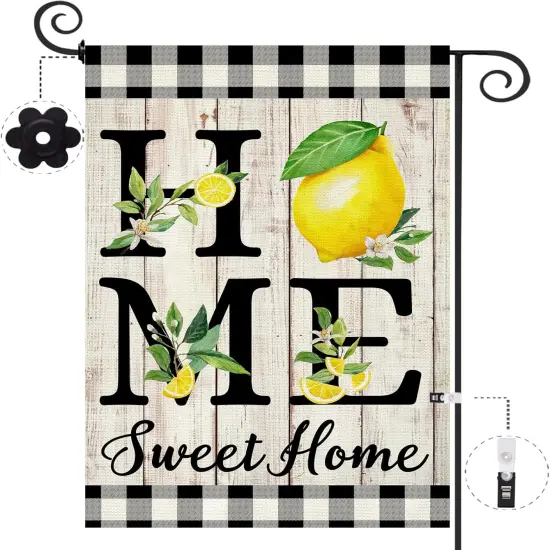 Summer Lemon Garden Flag 12.5 x 18 Inch Double Sided Burlap Home Sweet Home Yellow Fruit Small Yard Flag Farmhouse Holiday Seasonal Outdoor Outside Decoration {1}