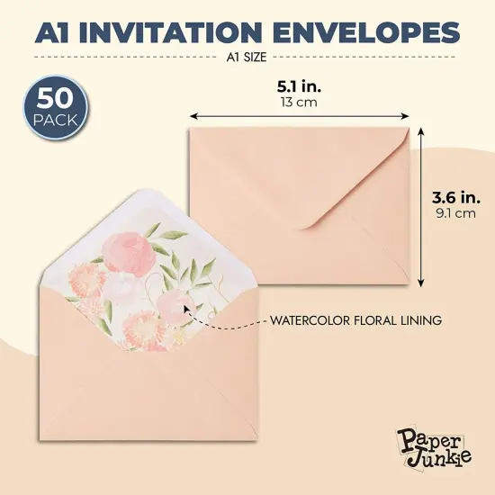 A1 Invitation Envelopes, Peach with Floral Lining (3.6 x 5.1 In, 50 Pack) Pink {2}
