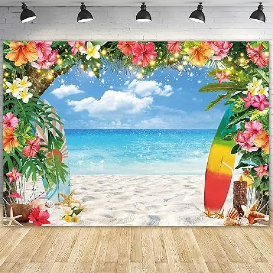 7x5ft Polyester Summer Beach Seaside Backdrop Hawaiian Tropical Palm Leaves Surfboard Photography Background for Aloha Luau Party Decoration Banner Portrait Photo Booth Props {1}