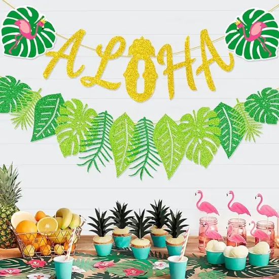 Upgraded, Aloha Banner Decorations, Luau Banner with Glittery Palm Leaves, for Summer Tropical Hawaiian Themed Party Decorations Supplies {2}