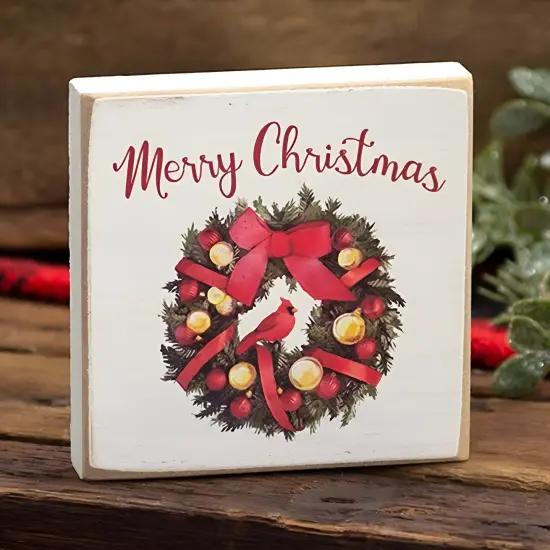 Merry Christmas Wreath Wood Block Sign for Farmhouse Holiday Decor {4}