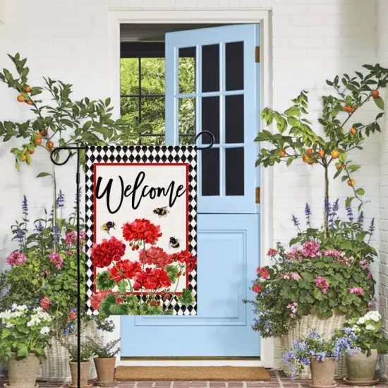 Summer Geranium Welcome Garden Flag Double Sided Summer Bee Red Floral Buffalo Plaid Small Burlap Yard Flag House Seasonal Farmhouse Outside Outdoor Decoration 12.5 x 18 Inch {2}