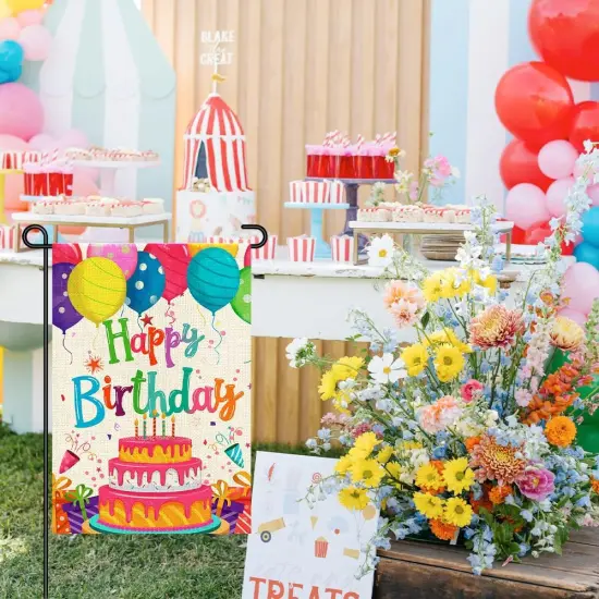 Happy Birthday Garden Flags 12x18 Double Sided Burlap, Colorful Balloon Cake Toppers Personalized Banner Farmhouse Yard Sign Birthday Party Outdoor Decorations {3}
