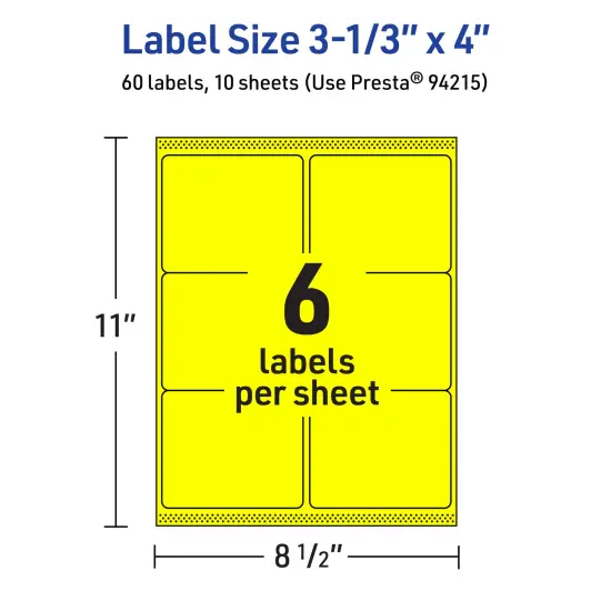 Avery Neon Yellow Paper Labels, 3-1/3" x 4" Rectangle {5}
