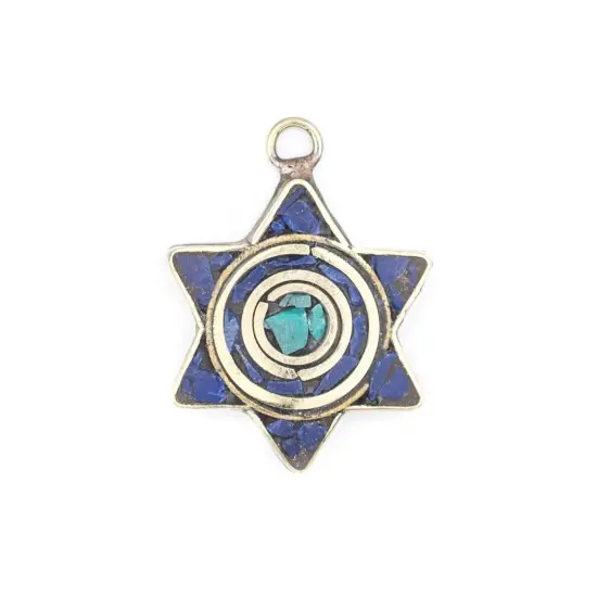The Bead Chest Nepali Star of David Pendant: Authentic Ethnic Judaica Brass Charm Inlaid with Stone for DIY Necklace and Jewelry (Blue & Turquoise) {1}