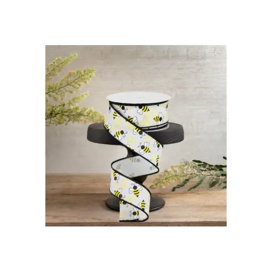 1.5" Mini Bumblebees on Royal Ribbon: White (10 Yards) {2}